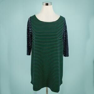 Postmark Anthropologie Size Large L Blue Green Stripe Lace 3/4 Sleeve Tunic Top